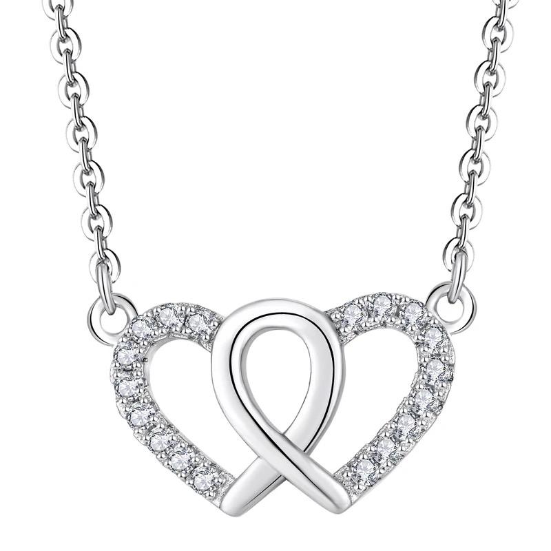 BLING oem jewelry cubic zirconia S925 sterling silver double heart necklace