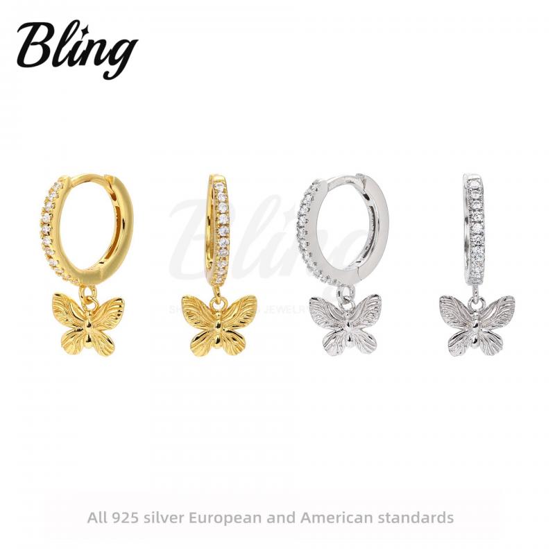 Fashion Earrings Jewelry 925 Sterling Silver butterfly Diamond Dangle Earring Gold Plated Hoop Earrings for Women